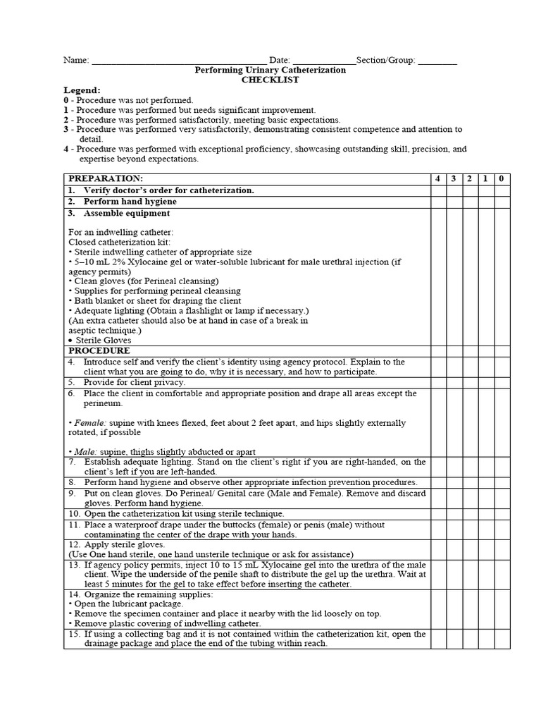 Catheterization Procedure Checklist | PDF | Catheter | Genitourinary System