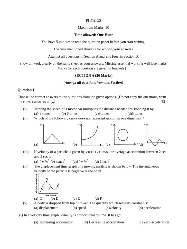 Class 9 Motion in One Dimension Exam | PDF | Acceleration | Velocity