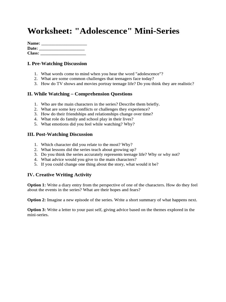 Adolescence Mini-Series Worksheet | PDF
