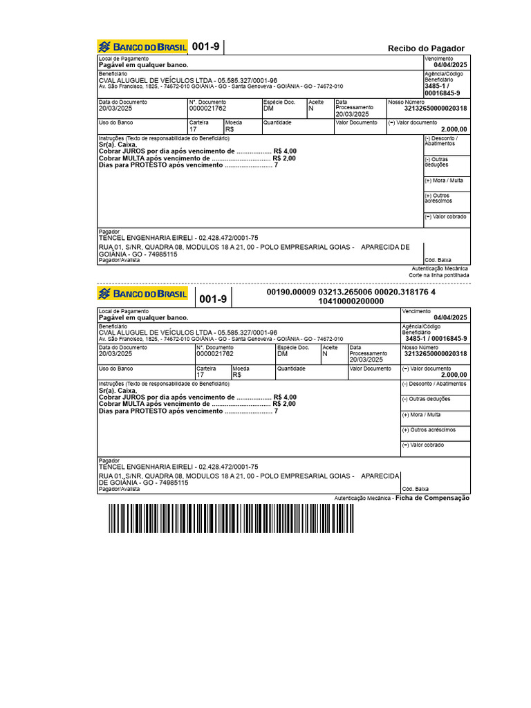 Recibo de Pagamento CVAL Aluguel Veículos | PDF | Bancos | Dinheiro