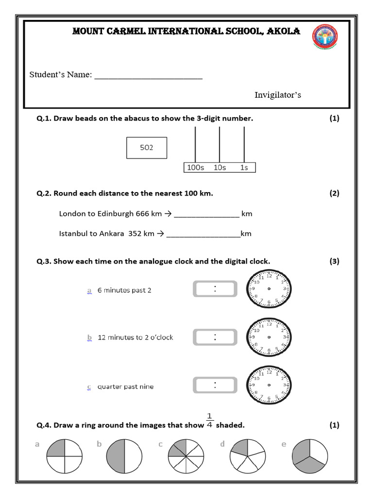 Grade 3 Mathematics Exam Paper | PDF | Mathematics