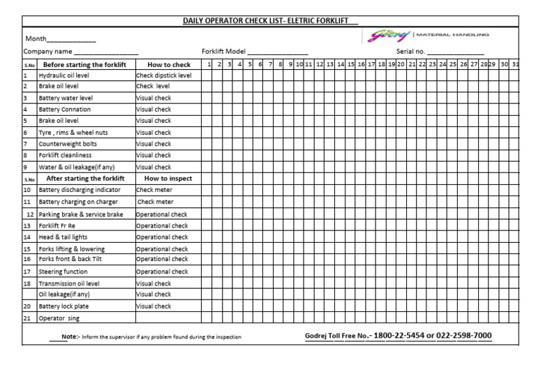 Daily Electric Forklift Inspection Checklist | PDF
