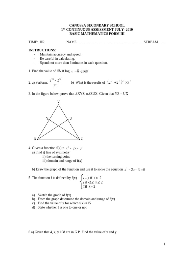 BASIC MATH FORM 3 JULY | PDF