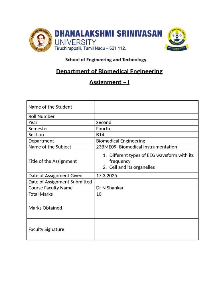 Biomedical Engineering Assignments Overview | PDF