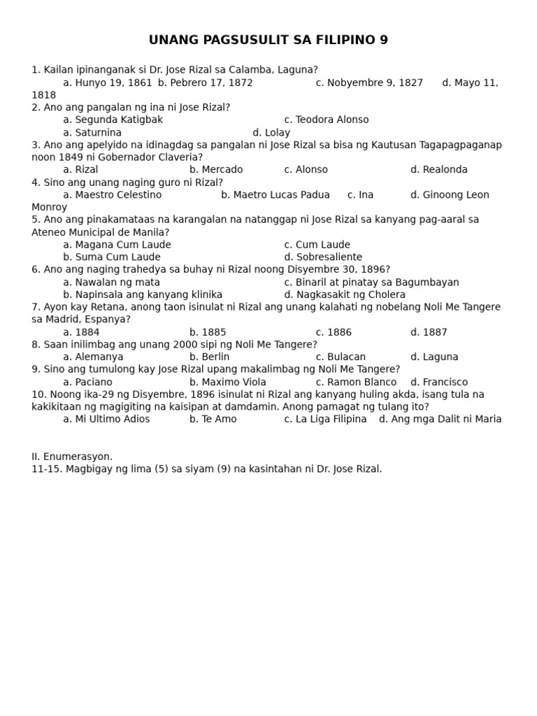 Unang Pagsusulit Sa Filipino 9 | PDF