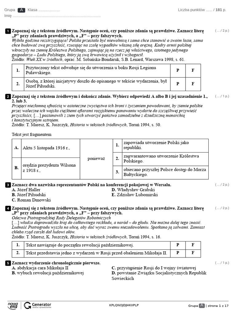 I Wojna Światowa SPR 5 Test (Z Widoczną Punktacją) | PDF