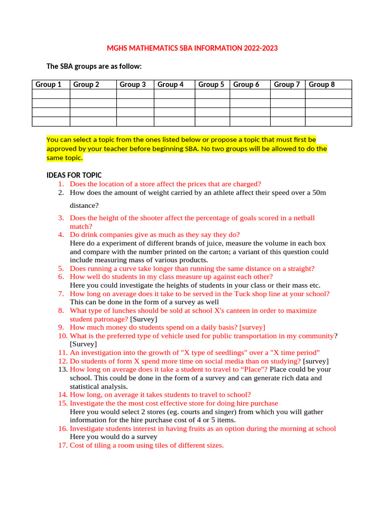 MGHS Mathematics SBA Guidelines 2022-2023 | PDF | Survey Methodology | Data