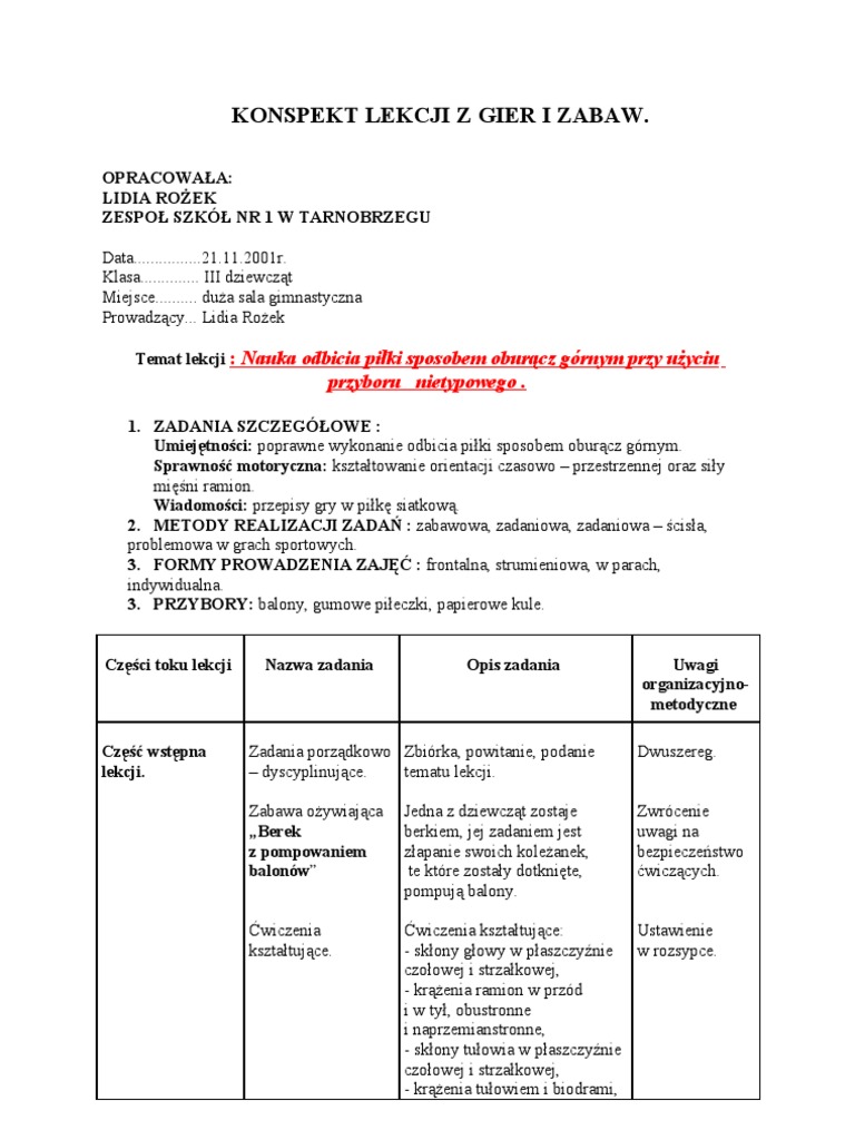 Kompetencje Kluczowe Scenariusz Lekcji Wf Konspekt Lekcji z Gier i Zabaw. | Volleyball | Sports
