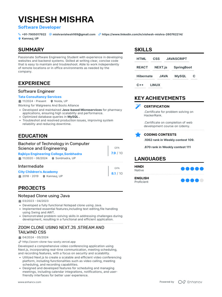 VisheshMishraResume (8) - 1 | PDF | Java (Programming Language) | My Sql