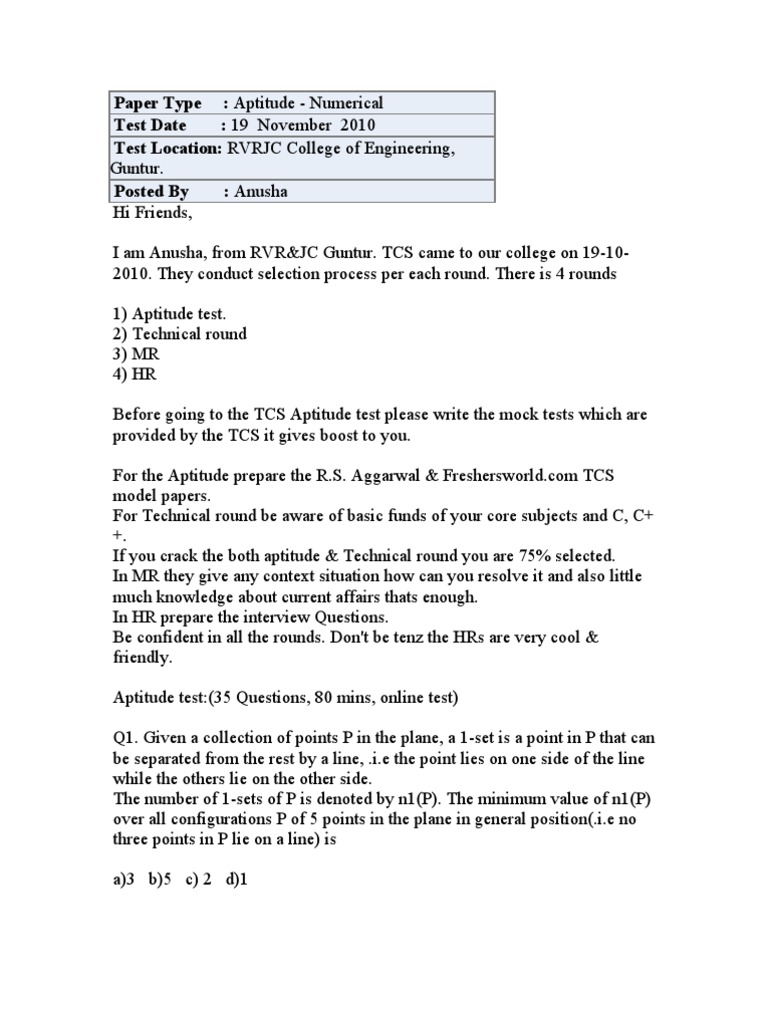 RVRJC TCS Aptitude Test Insights | PDF | Sports & Recreation | Teaching ...