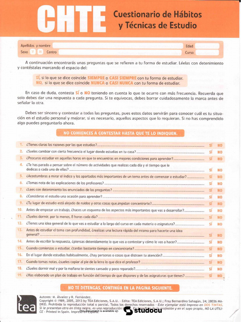 Cuestionario sobre Hábitos de Estudio | PDF