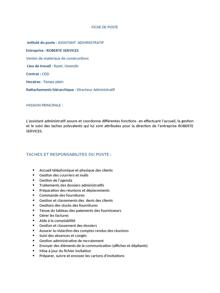 Fiche de Poste : Assistant Administratif | PDF