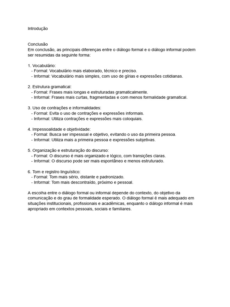 Diferenças entre Diálogo Formal e Informal | PDF