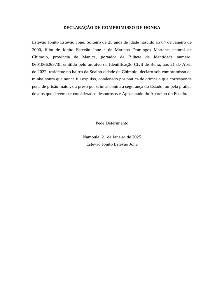 Declaração de Compromisso de Honra | PDF