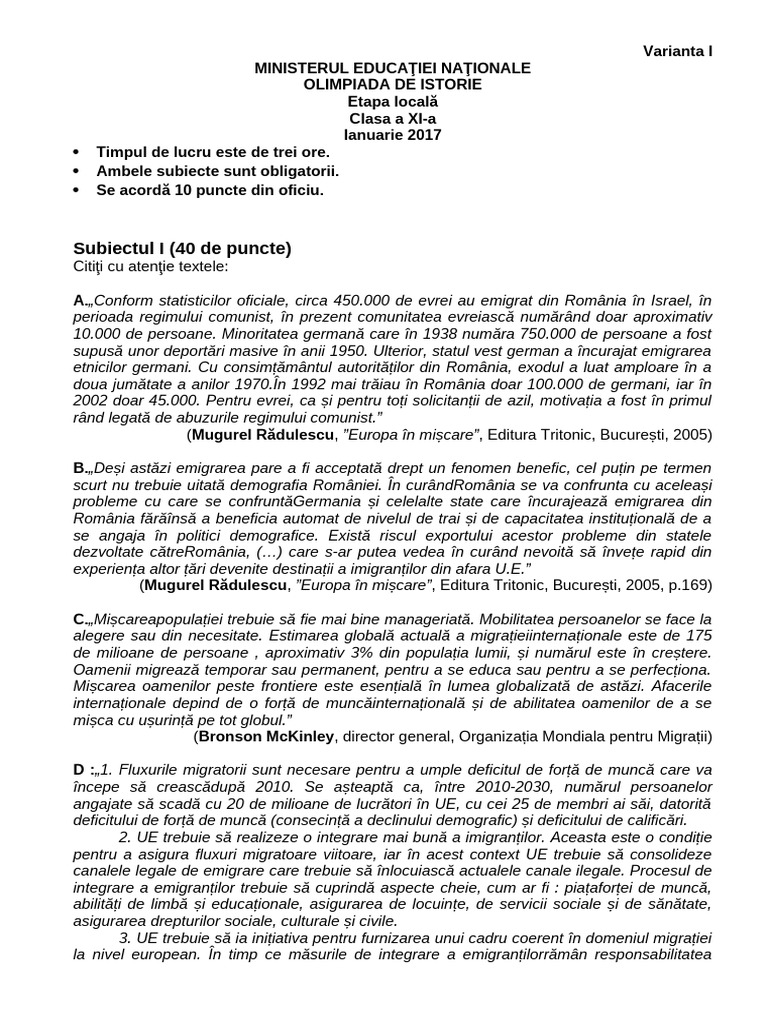 Subiecte Olimpiada Istorie Et Locala Clasa A Xia Varianta 1 2017 | PDF