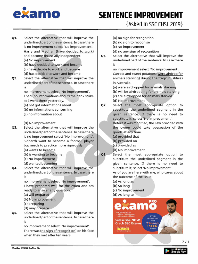 Sentence Improvement Practice Questions | PDF | Verb | Language Mechanics