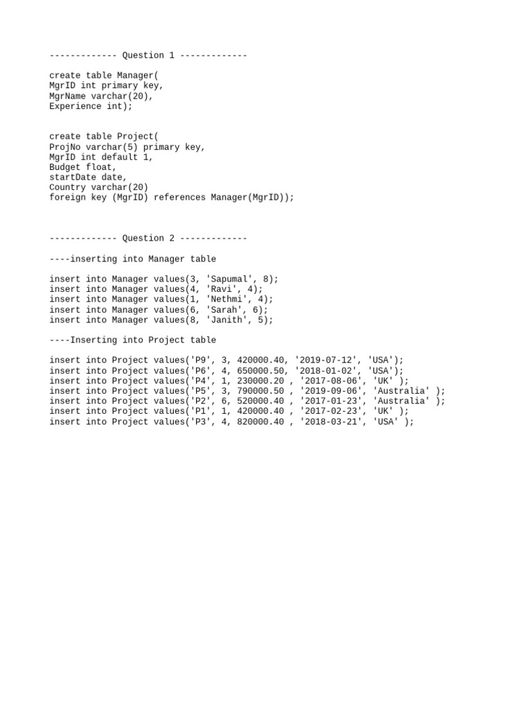 SQL Table Creation and Data Insertion | PDF