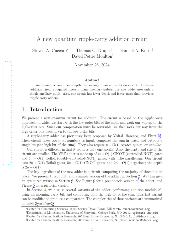 New Quantum Ripple-Carry Adder Design | PDF | Computer Science | Theory ...
