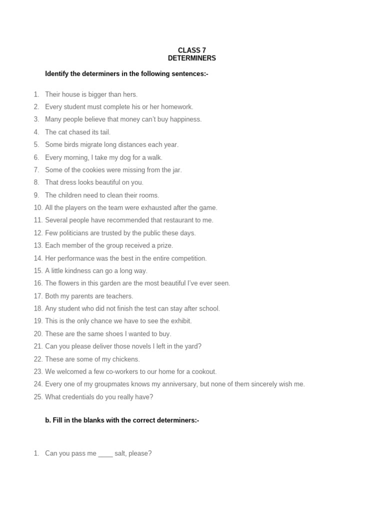 Class 7 Determiners Exercises | PDF