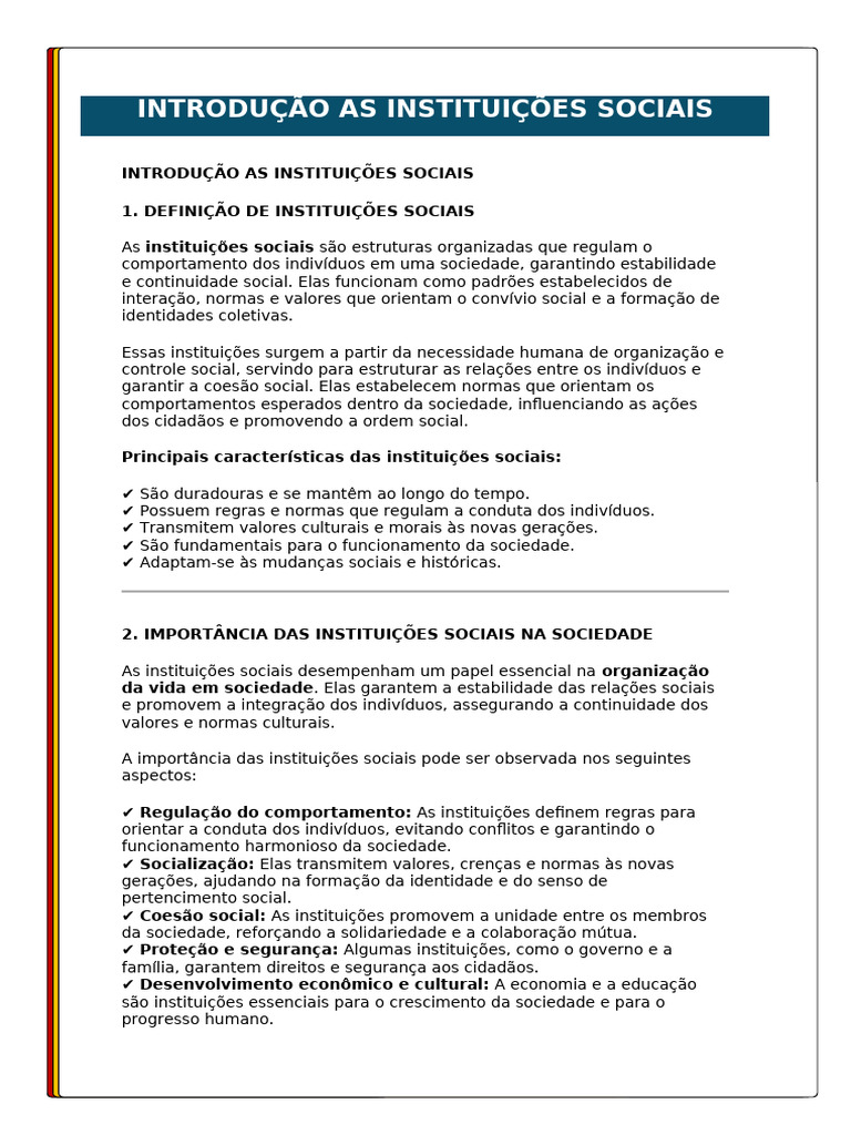 Importância das Instituições Sociais | PDF | Sociedade | Sociologia