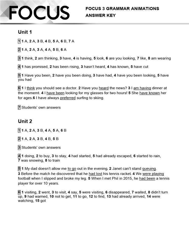 Focus 3 Grammar Animations Answer Key | PDF