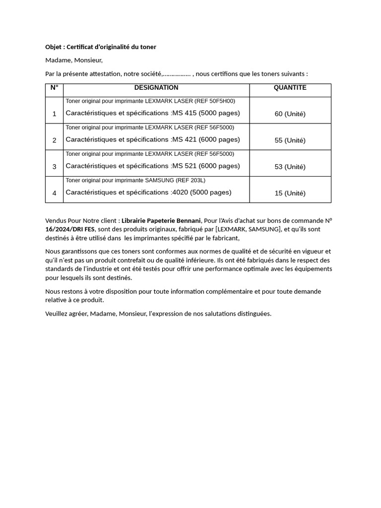 Certificat d'originalité des toners | PDF