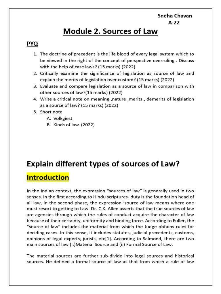 Jurisprudence Module 2.sources of Law | PDF | Precedent | Sources Of Law