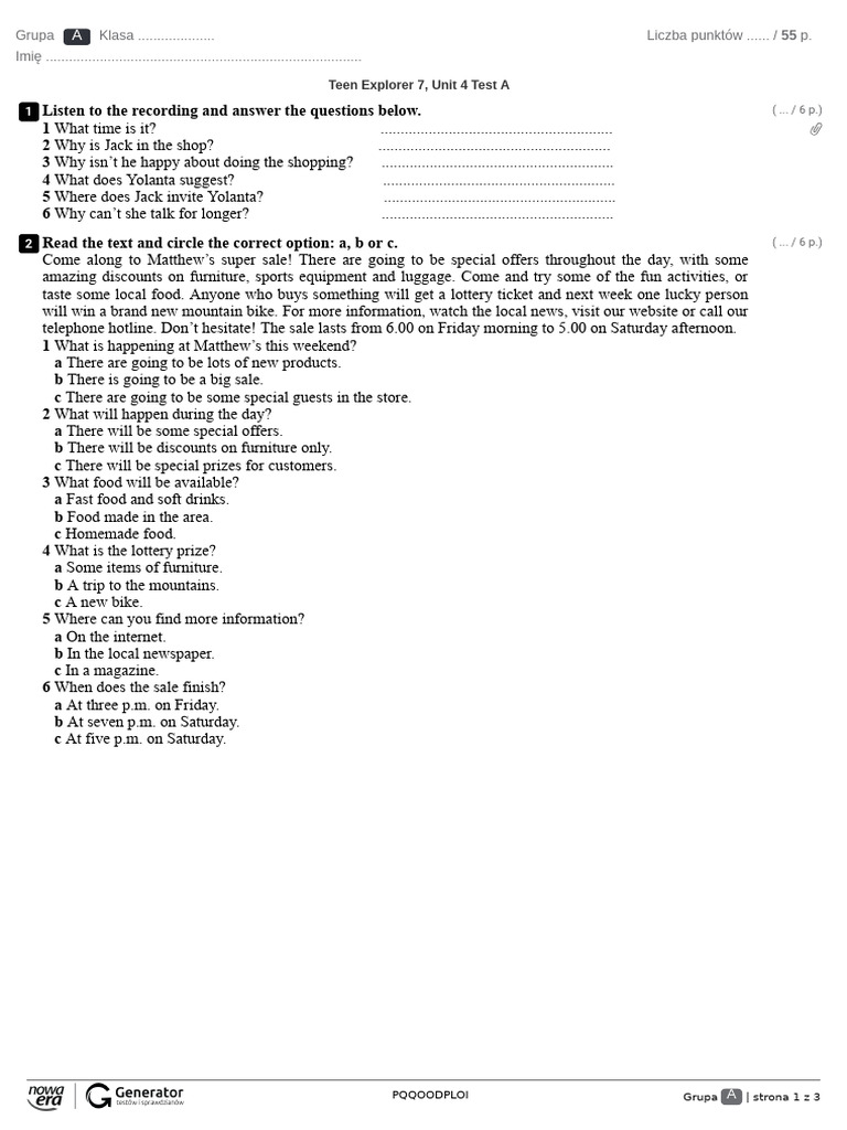 Teen Explorer 7 Unit 4 Test A | PDF