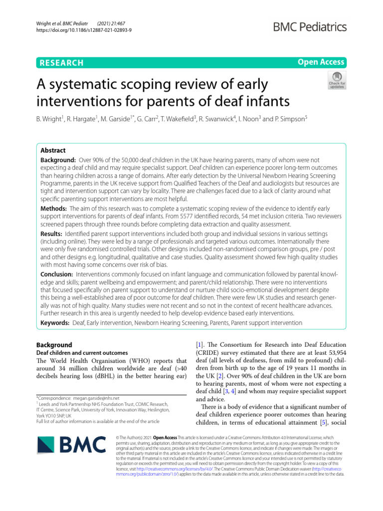 A Systematic Scoping Review of Early Interventions For Parents of Deaf ...