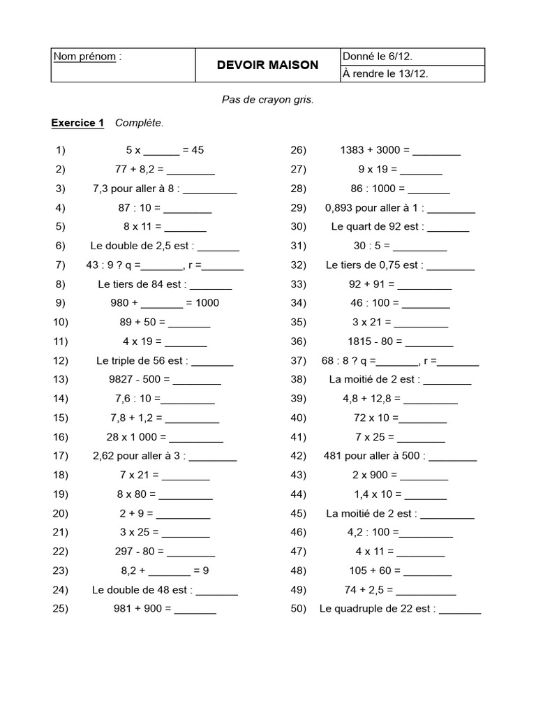 Devoir maison : exercices de maths 6-12 | PDF