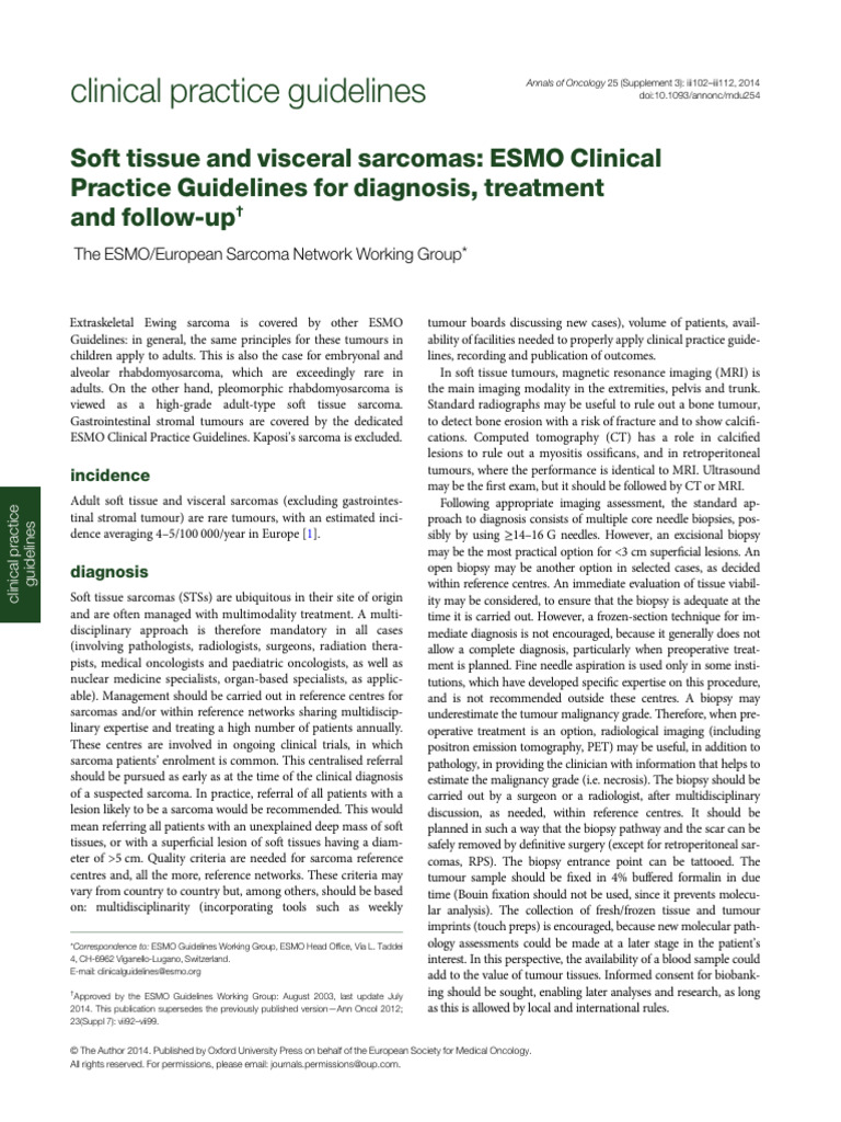 ESMO Guidelines for Soft Tissue Sarcomas | PDF | Sarcoma | Radiation ...