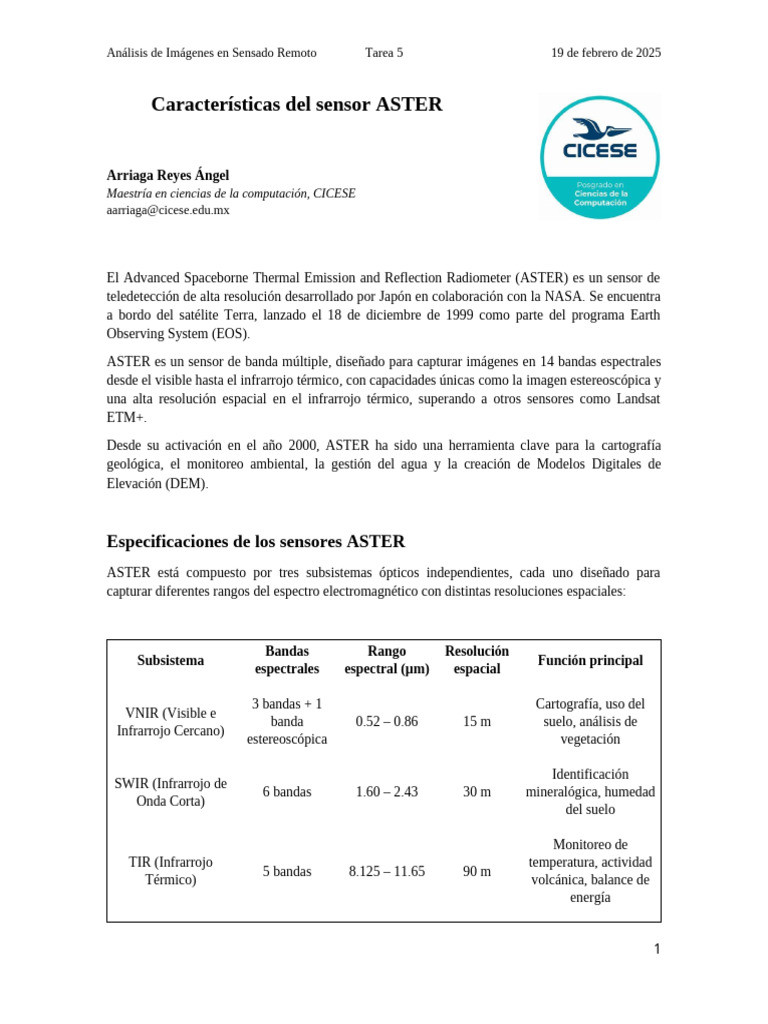 Características del Sensor ASTER en Teledetección | PDF | Infrarrojo ...