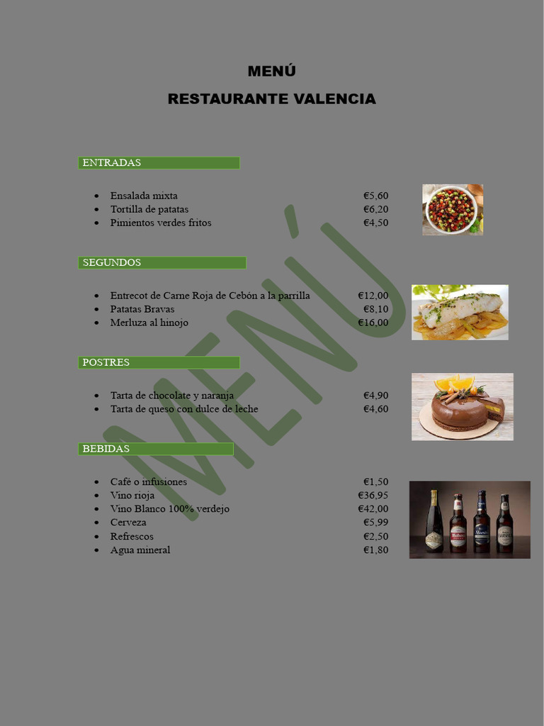 Menú del Restaurante Valencia | PDF