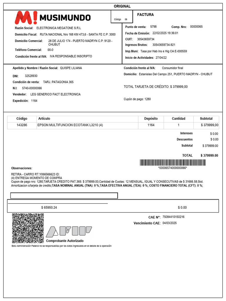 Factura Electrónica Megatone S.R.L. | PDF | Cupón | Dinero