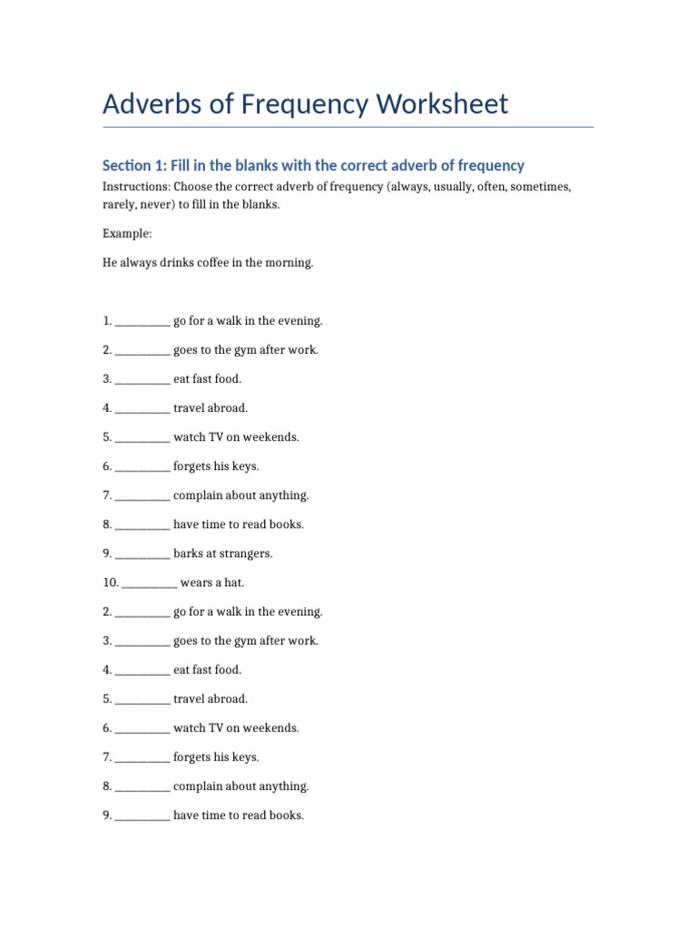 Adverbs of Frequency Worksheet | PDF