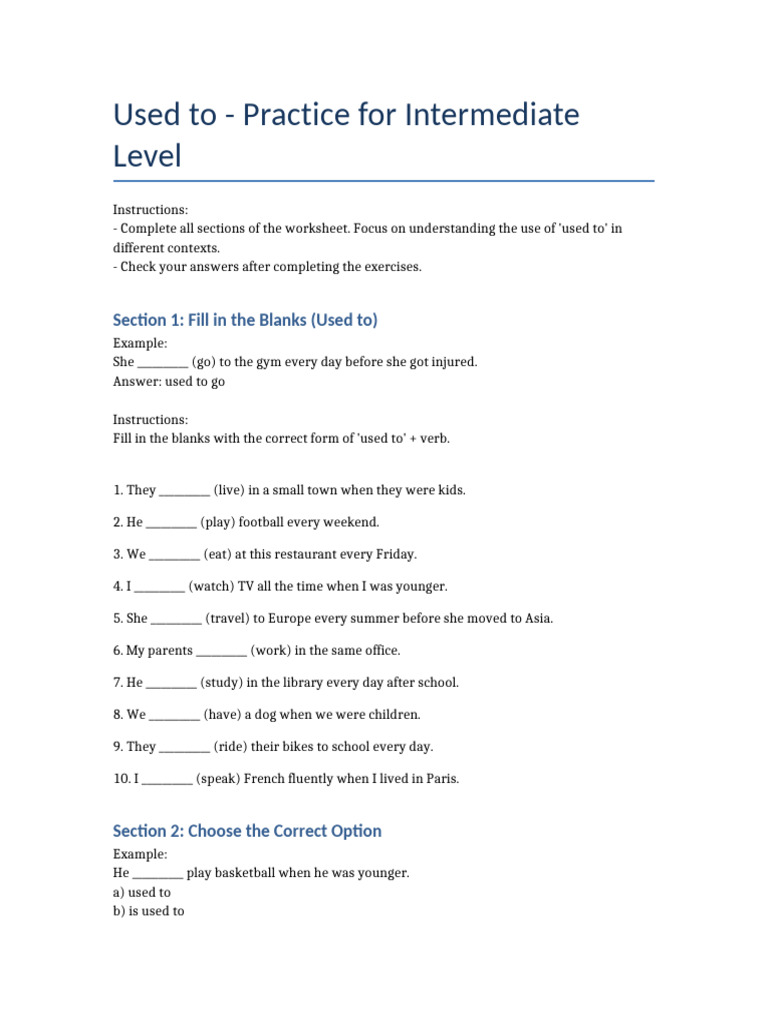 Used to: Intermediate Practice Worksheet | PDF