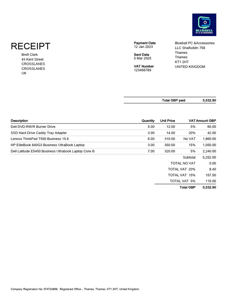 Lenovo ThinkPad T550 Purchase Receipt | PDF | Computer Hardware | Lenovo