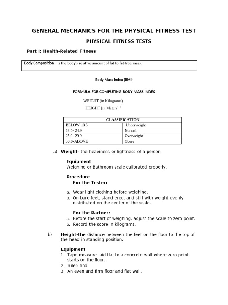 Physical Fitness Test Mechanics Guide | PDF | Body Mass Index