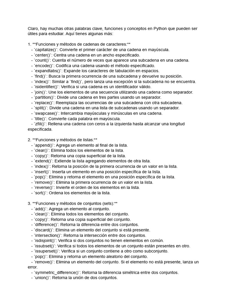 Funciones y Métodos Útiles en Python | PDF | Python (lenguaje de ...