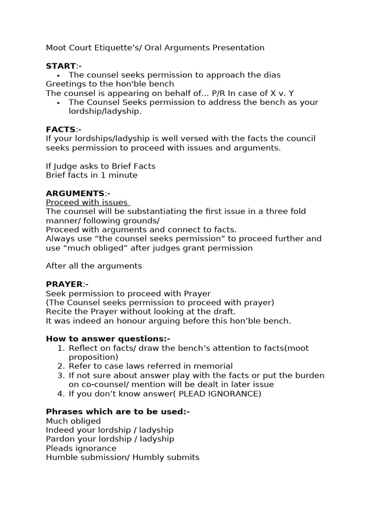 Moot Court Etiquette and Presentation Guide | PDF