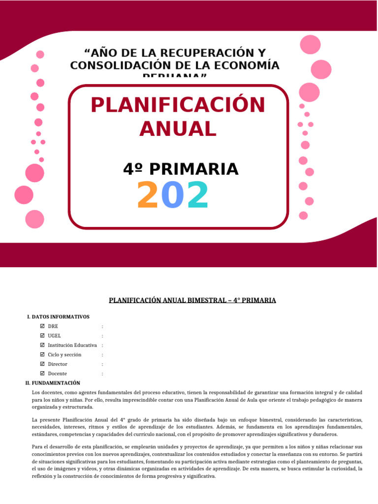Planificación Anual 4° Primaria 2025 | PDF | Educación primaria | Enseñando