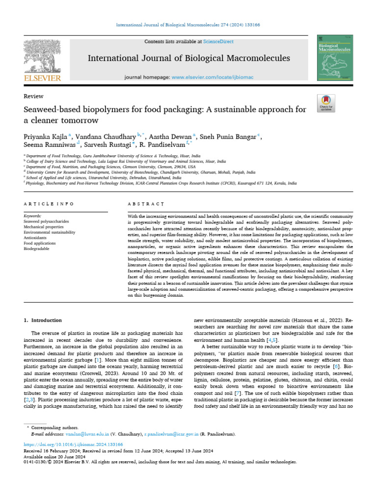 Seaweed Biopolymers for Sustainable Packaging | PDF | Biopolymer | Seaweed