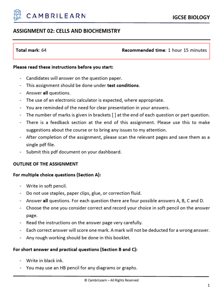 CambriLearn IGCSE Biology Assignment 02 | PDF | Mitochondrion | Cell ...