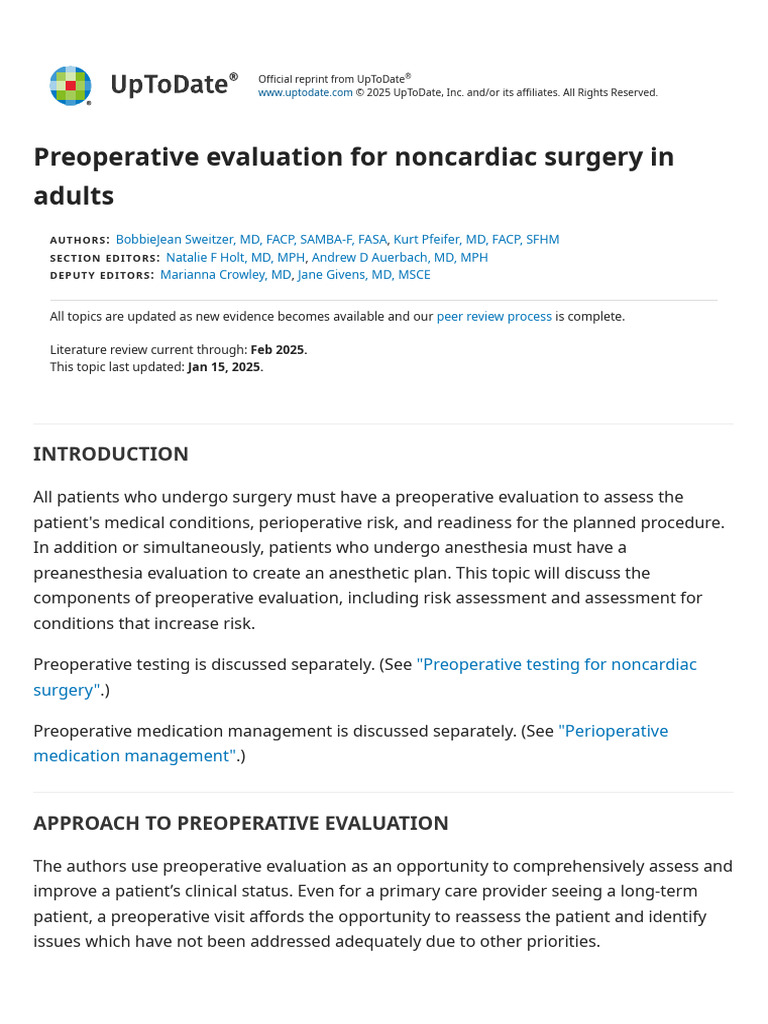 Preoperative Evaluation For Noncardiac Surgery in Adults - UpToDate ...