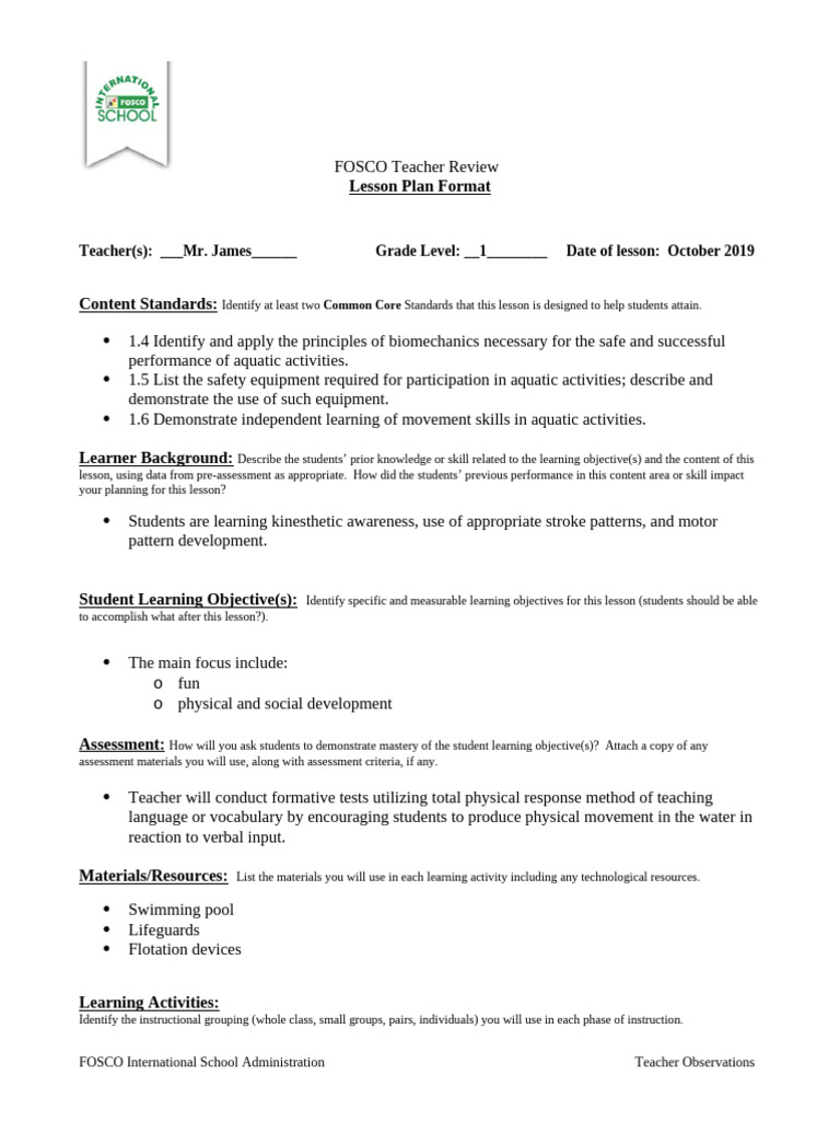 Aquatic Lesson Plan for 1st Grade | PDF | Differentiated Instruction ...