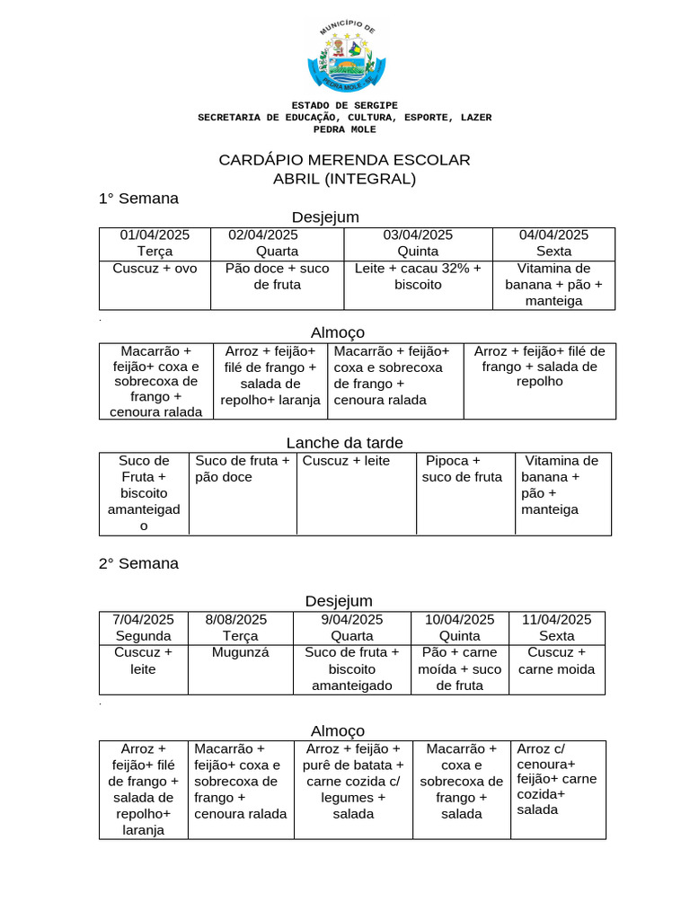 Cardápio Merenda Escolar 2025 | PDF | Pães | Leite