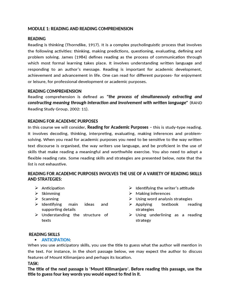 Academic Reading and Comprehension Skills | PDF | Reading Comprehension ...