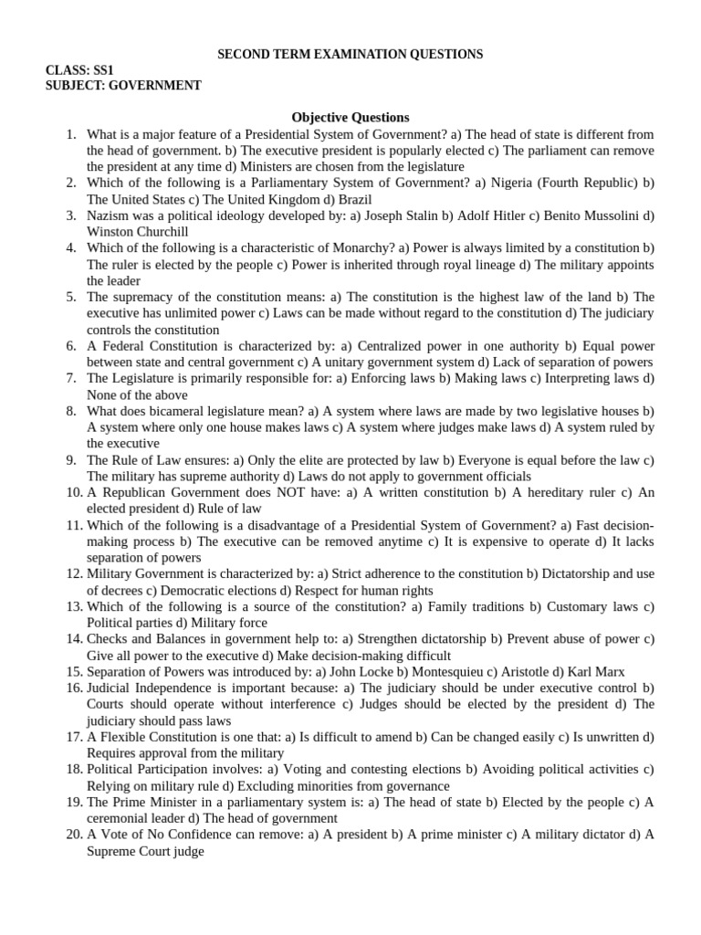 SS1 Government Exam Questions: Term Two | PDF | Legislature | Constitution