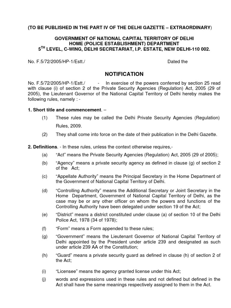Delhi Private Security Rules 2009 | PDF | Security Guard | Identity ...