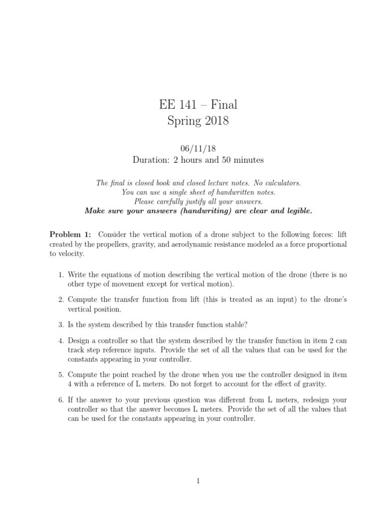 2018 Spring 141 Final Close Book | PDF | Control Theory | Applied ...